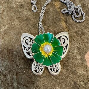 Silver Butterfly Pendant Necklace with Green and Yellow Enamel